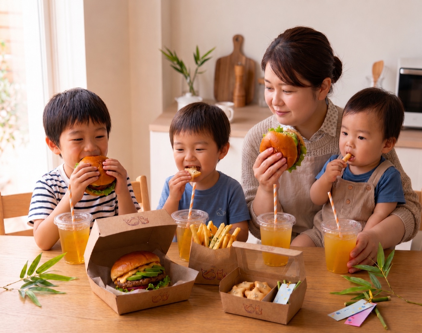 ハンバーガーを囲む家族